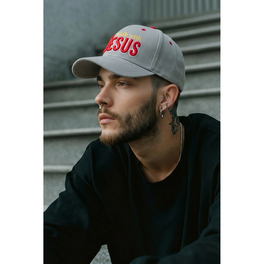 Santo Cap Walk with JESUS Gray Baseball Hat Mens Christian Religious Embroidered